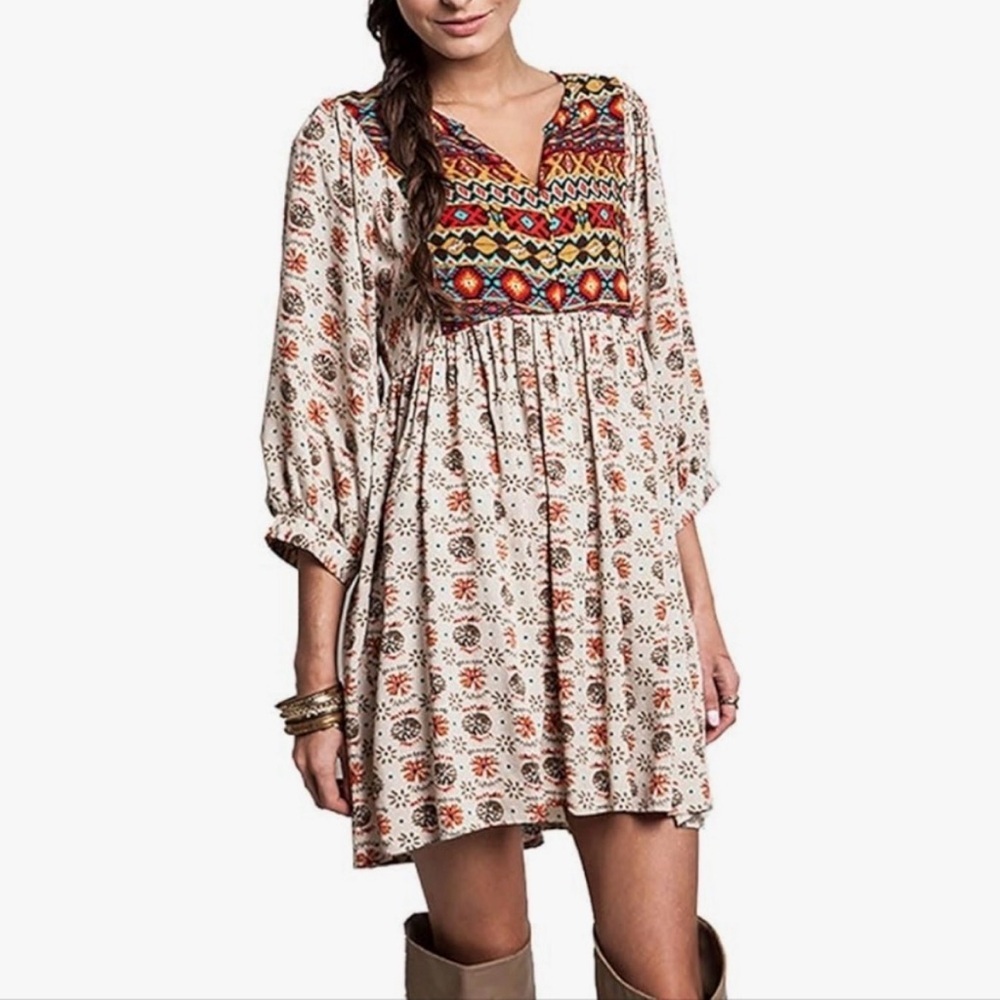 Umgee Cream and Multicolor Embroidered Mini Dress